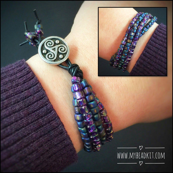 Chunky 4 Strand Triangle Glass Beads on Leather Aqua Color Mix