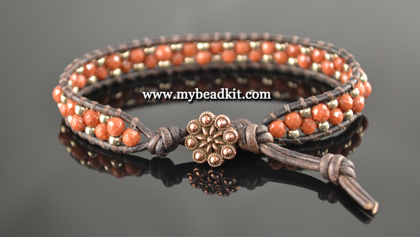 Stone & Seed Bead Leather Wrap Bracelet Kit - 4mm Goldstone