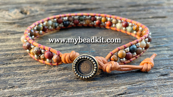 Stone & Seed Bead Leather Wrap Bracelet Kit - 4mm Red Creek Jasper –