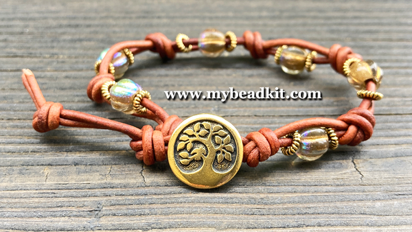 Boho Chic Glass Bead & Knotted Leather Bracelet Kit (Amber & Gold)