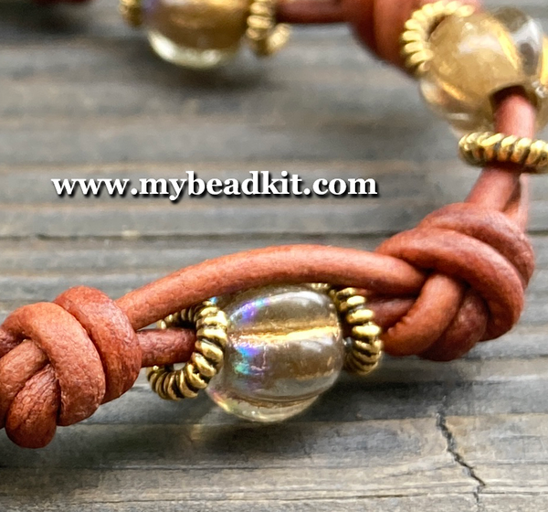 Boho Chic Glass Bead & Knotted Leather Bracelet Kit (Amber & Gold