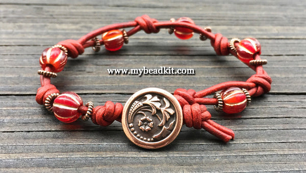 Boho Chic Glass Bead & Knotted Leather Bracelet Kit (Red & Copper) –