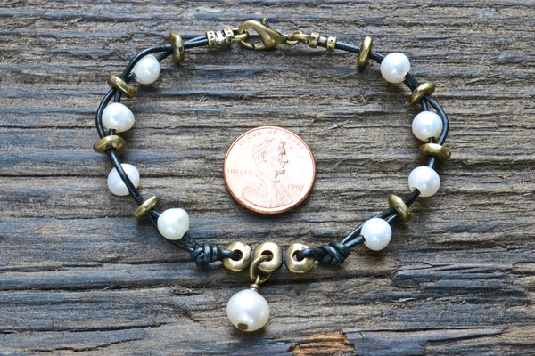 Leather and shop pearl bracelet
