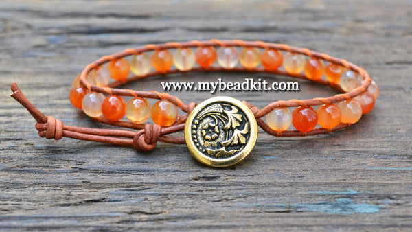 Carnelian Leather Wrap Bracelet Kit (6mm Semi-precious Stone)