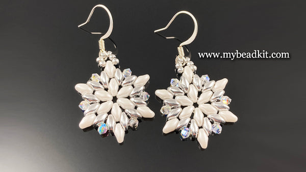 Beaded Snowflake Earrings (White, Silver & Crystal)