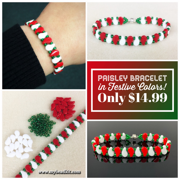 Paisley Beaded Bracelet Kit with 2-Hole Glass Beads (Holiday Colors) –