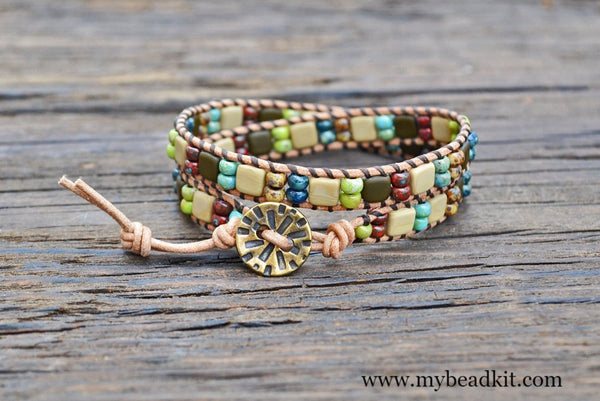 Beaded Leather Bracelet Tutorial with 2 Hole Tile Beads 