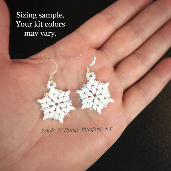 Beaded Snowflake Earrings (White, Crystal & Blue) –
