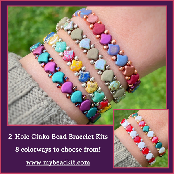 2-Hole Ginko Glass Bead Bracelet Kit (Copper & Purple Iris)