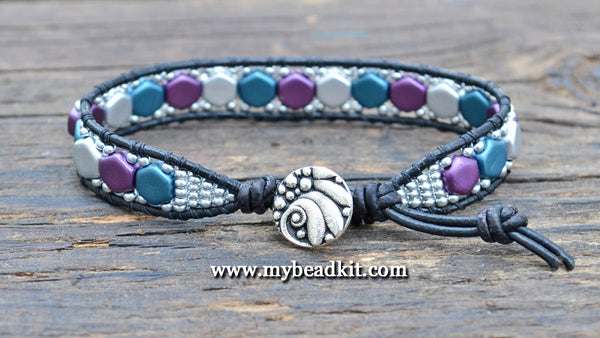 2-Hole Hex Bead Leather Wrap Bracelet Kit (Teal/Silver/Purple Color Mix)