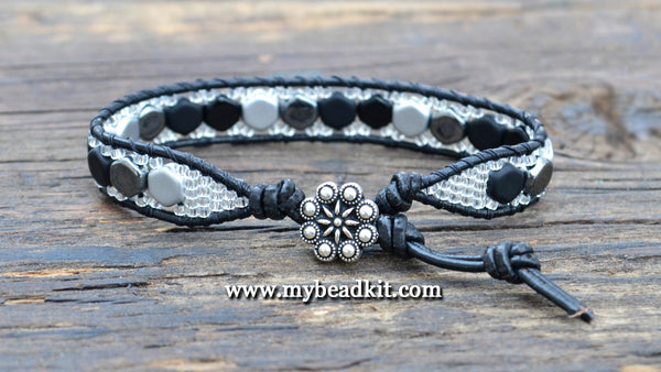 2-Hole Hex Bead Leather Wrap Bracelet Kit (Black & Silver Color Mix)