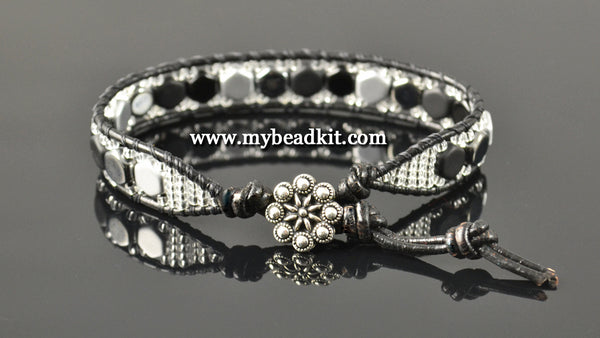 Honeycomb Beaded Bracelet Kit with 2-Hole Glass Beads (Black, White &  Silver)