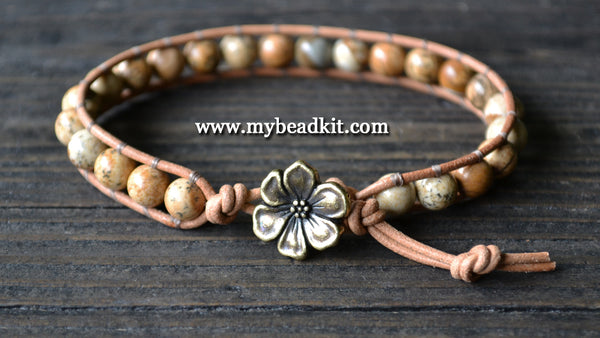 NEW! Picture Jasper Leather Wrap Bracelet Kit (6mm Semi-precious Stone)