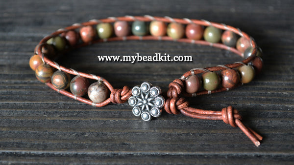 NEW! Red Creek Jasper Leather Wrap Bracelet Kit (6mm Semi-precious Stone)