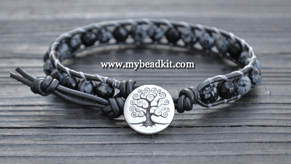 NEW! Snowflake Obsidian Leather Wrap Bracelet Kit (6mm Semi-precious Stone)