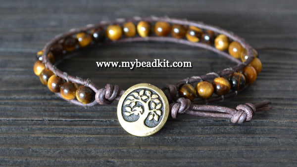 NEW! Tiger Eye Leather Wrap Bracelet Kit (6mm Semi-precious Stone)