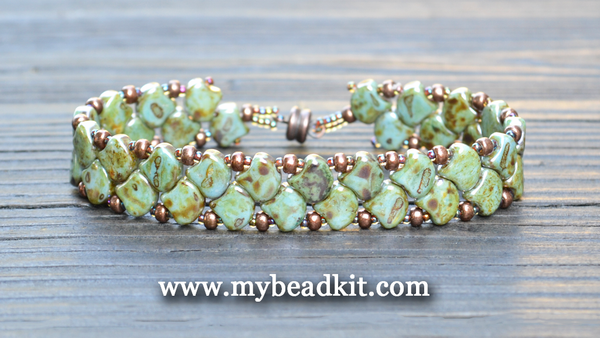 Mermaid Beaded Bracelet Kit using 2-Hole Ginko Glass Beads (Terra Blue-Green)
