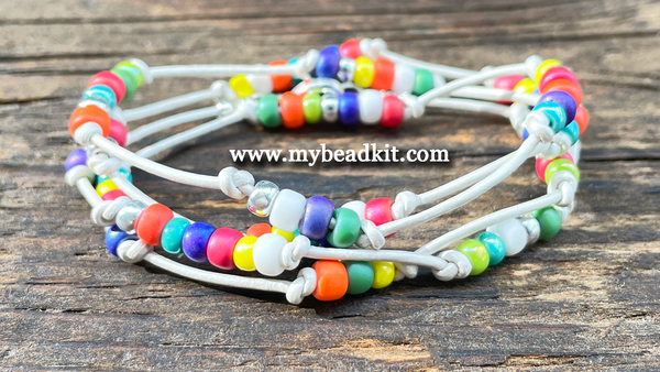 SALE! Discontinued! Summertime Knotted Leather & Seed Bead 4-Wrap Bracelet/Necklace Kit (Silver accent)