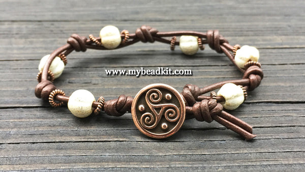 Boho Chic Glass Bead & Knotted Leather Bracelet Kit (Cream & Copper)