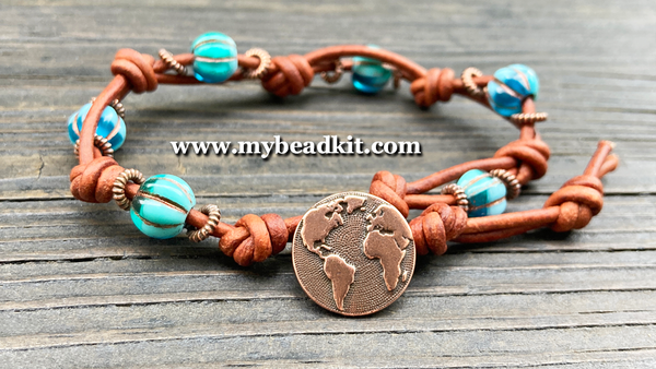 Boho Chic Glass Bead & Knotted Leather Bracelet Kit (Turquoise & Copper)