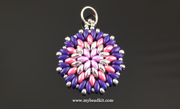 Mandala Style Pendant Kit - 2-hole Glass Beads - Pink & Purple