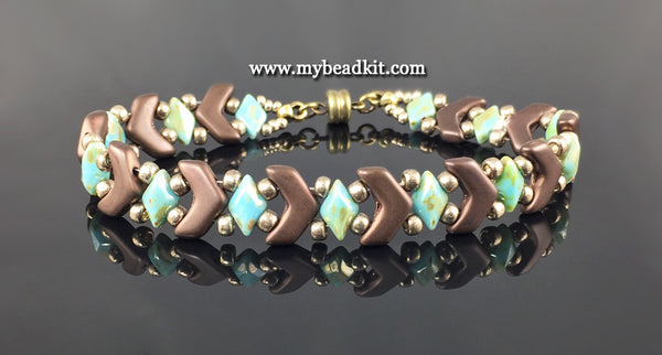 Chevron Beaded Bracelet Kit with 2-Hole Glass Beads (Satin Brown & Turquoise)
