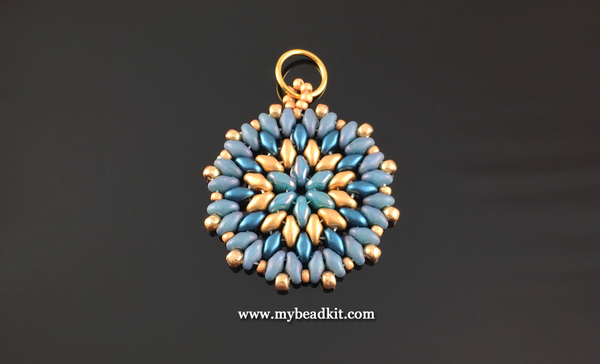 Mandala Style Pendant Kit - 2-hole Glass Beads - Teal & Gold
