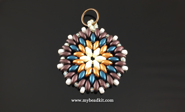 Mandala Style Pendant Kit - 2-hole Glass Beads - Brown & Teal Color Mix