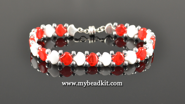 2-Hole Ginko Glass Bead Bracelet Kit (Red, White & Silver)