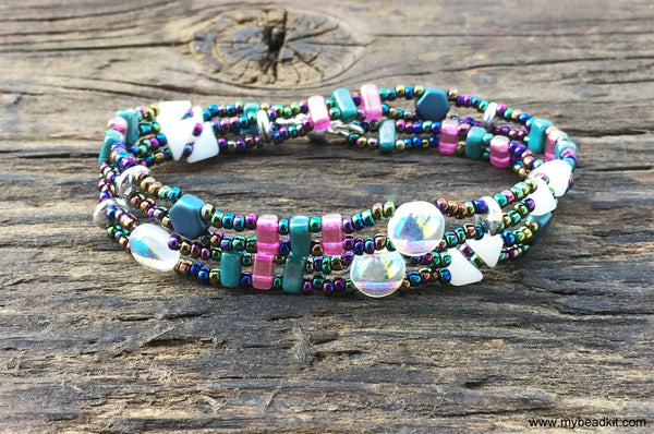 SOLD OUT! Mix It Up! Beaded Bracelet Kit with 2-Hole Glass Beads (Teal Pink White)