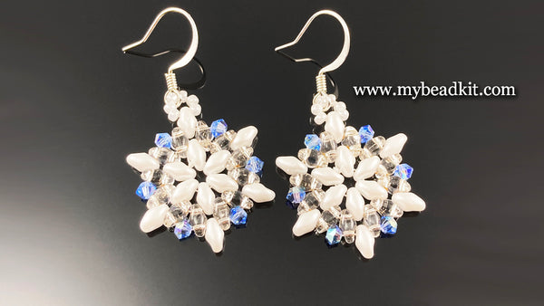 Beaded Snowflake Earrings (White, Crystal & Blue)