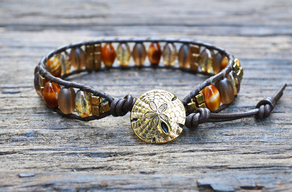 Sold Out! Oval Glass & Stacked Bead Leather Wrap Bracelet Kit! (Brown colorway)