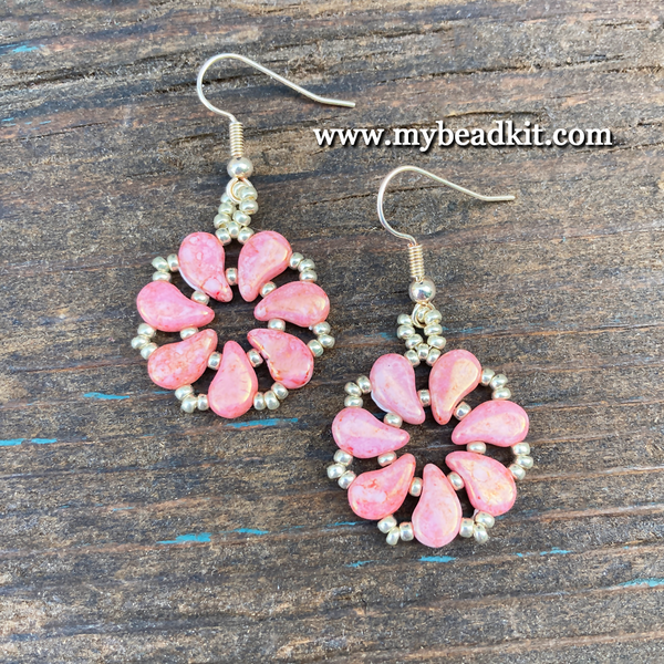 Pinwheel Earring Kit - 2-hole Glass Beads - Pink Picasso