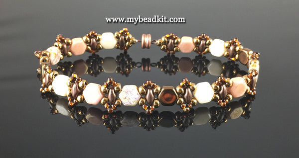 Honeycomb Beaded Bracelet Kit with 2-Hole Glass Beads (Brown & Mauve)