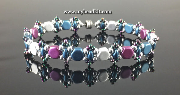 Honeycomb Beaded Bracelet Kit with 2-Hole Glass Beads (Purple, Silver & Teal)