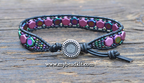 2-Hole Hex Bead Leather Wrap Bracelet Kit (Purple Iris Color Mix)